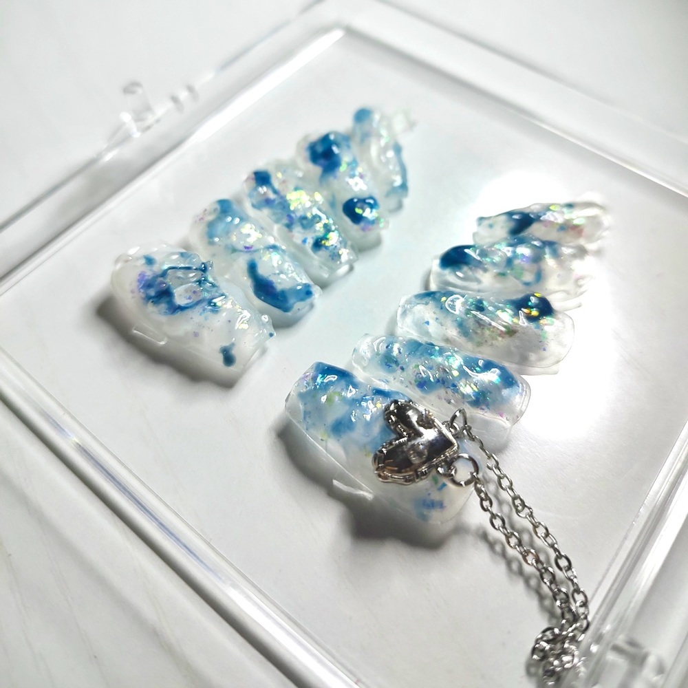 Reusable blue glitter nail with silver charm handmade press on nail